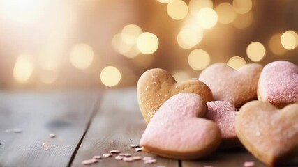 Poster - Heart cookies on table with golden bokeh background. Defocused light blurry backdrop. Valentine's Day celebration. Abstract romantic design. Love and romance concept. New Year and Christmas