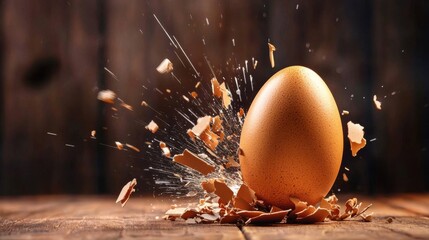 Dramatic Shattered Egg Explosion on Wooden Surface Concept for Creative Problem Solving and Innovation