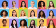 © Prostock-studio - Diversity And Variety Concept. Creative composite collage series of optimistic multicultural women smiling on colorful studio backgrounds. Headshot portraits of multiracial ladies, female photoshoot