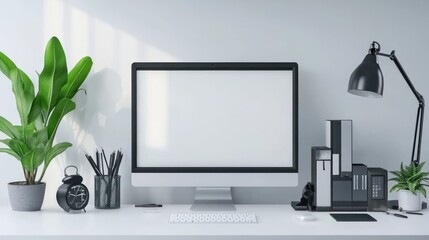 Poster - Modern Minimalist Workspace With Blank Computer Screen