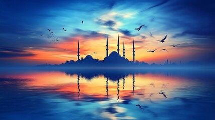 Poster - The beautiful sunset view of the mosque in the background with a reflection on the water surface at the starting point. This is a landscape photo taken with a wide-angle lens, showcasing professional.