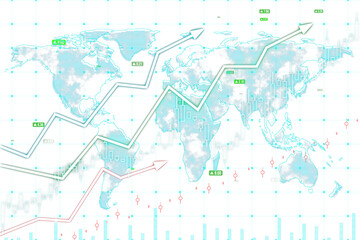 Poster - World map with financial data, neon-style rising growth lines, holographic design on white grid background, concept of global economy trends. 3D Rendering.