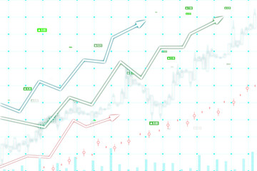 Poster - Financial chart with arrows and data points in a holographic style on a white background, representing growth, analysis, and success. 3D Rendering.