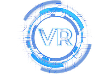 Poster - Virtual reality VR hologram in blue neon style within circular futuristic digital design, isolated on a white background, concept of technology. 3D Rendering.