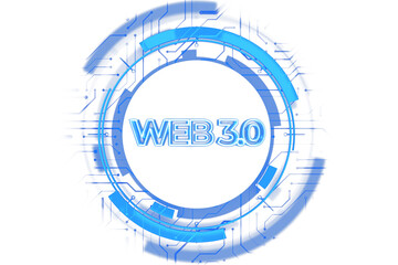 Poster - Web 3. 0 holographic text within a digital blue circular frame, futuristic elements, white background, concept of virtual technology and design. 3D Rendering.