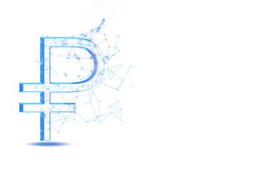 Poster - Digital ruble symbol in a blue holographic style with connected lines and nodes, isolated on a clean white background, concept of technology. 3D Rendering.