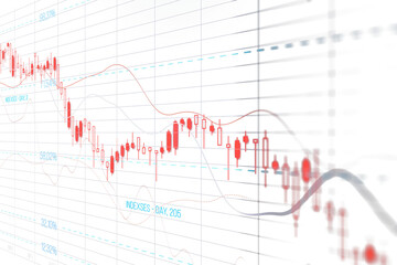 Poster - Financial chart displaying red candlesticks, grid lines, and data percentages on a clean white background. Concept of business analysis. 3D Rendering.