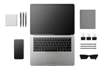 Poster - Flat lay of modern office essentials with laptop, smartphone, pens, pencils, notebook, and sunglasses on a white background. Clean layout concept. 3D Rendering.