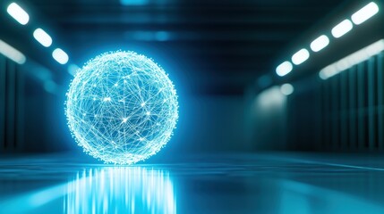 Poster - Glowing Wireframe Globe with Interconnected Nodes in Futuristic Environment