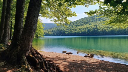 Wall Mural - Serene mountain lake with sandy shore and lush green trees.