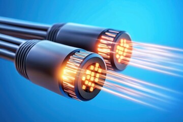 Poster - Glowing Laser Nodes Connected by Coaxial Cables on a Blue Background