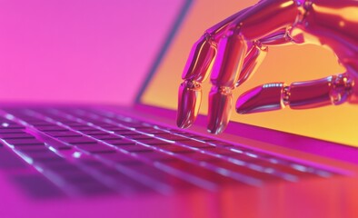 Poster - A keyboard on a laptop being pressed by a robotic hand in a 3D rendering.