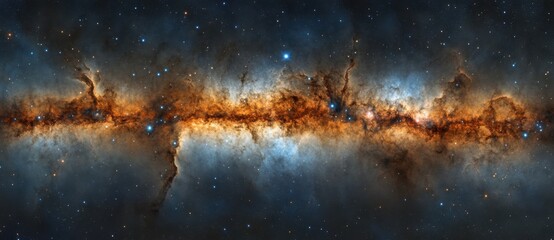 Astrophotographic panorama of the visible Milky Way galaxy, depicting stars, nebulae, and stardust in the night sky.