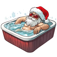 Wall Mural - Cartoon Santa lounging in a hot tub with a Santa hat