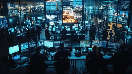 Poster - a high-tech control room with multiple screens monitoring activities.