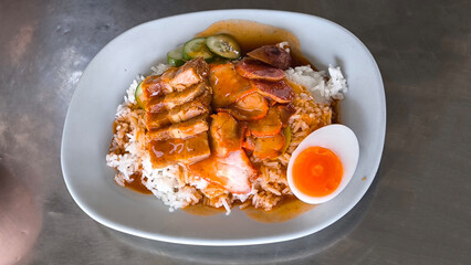 Poster - Red pork and crispy pork on rice, food in Thailand