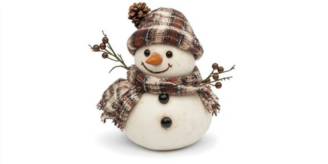 Wall Mural - Adorable snowman figurine wearing a plaid hat and scarf, holding winter berries.