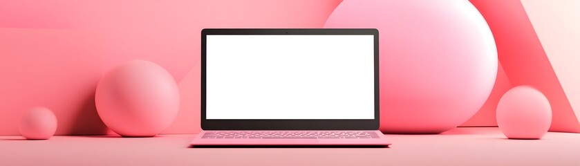 Poster - Pink Laptop Displayed with Pink Spheres Background
