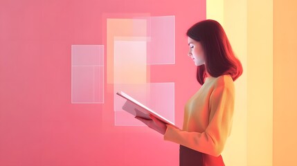 Aufkleber - A minimalist design featuring a woman analyzing a booklet with interactive-looking 3D projections rising outward.