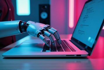 Poster - A robot is actively typing on a laptop computer right now
