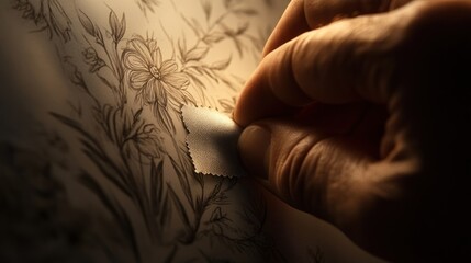 Poster - Hand Holding Fabric Sample Against Floral Design