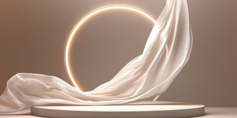 Poster - Elegant beige fabric draped over a minimalist platform with a glowing ring backdrop.