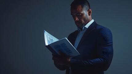 Aufkleber - A high-resolution photograph shot with a Sony Alpha 7 camera. A man in a navy blue suit stands under soft studio lighting, holding an open booklet in his hands. 3D financial data, charts, and bar