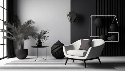 Sticker - minimalist interior design of modern living room on black and white color background memphis of luxury living room with stylish armchair side table plants and creative home accessories 3d render