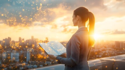 Aufkleber - The woman in a fitted gray suit stands on a rooftop terrace at sunrise, her open booklet emitting dynamic 3D analytics that seem to blend into the golden morning light.