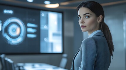 Poster - The woman in her gray suit stands confidently in a corner of the boardroom, her booklet s glowing analytics connecting seamlessly to a wall-mounted data display.