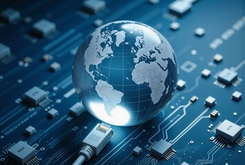 Poster - A globe is currently resting on top of a computer motherboard