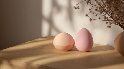 Poster - Two Pastel Egg Shaped Containers On Wooden Surface