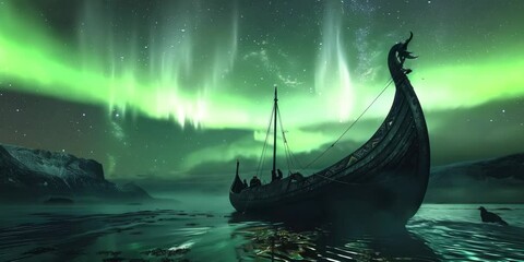 dragon-headed viking vessel under northern lights, 4k video