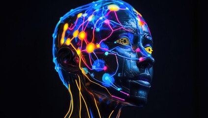 Poster - Cybernetic Head with Glowing Neural Network