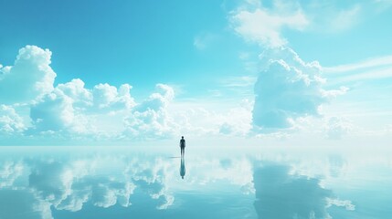 Wall Mural - Solitary figure standing on a calm, reflective surface under a vast, blue sky with fluffy clouds.