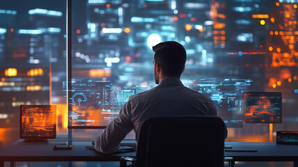 Leinwandbilder - Innovative augmented reality user interface being developed by software engineer using multiple computer screens in a modern city office at night