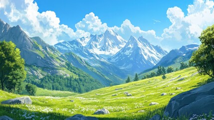 Poster - Sunny alpine meadow with snow-capped mountains.