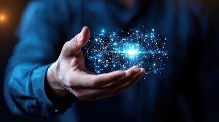 Poster - Futuristic Glowing Hologram Sphere Emerging from Cupped Hands