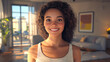 © Michael - Cheerful young woman with curly hair smiling in her contemporary apartment, basking in the sunlight