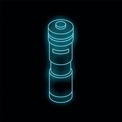 Poster - Blue glowing neon sign of a camera lens on a black background