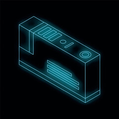 Poster - Neon blue glowing server rack system unit on a black background