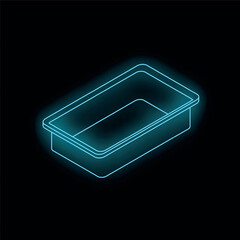 Poster - Neon blue food container with its lid open, glowing on a black background