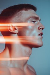Aufkleber - Dynamic profile of a young man with glowing skin and light streaks in the background