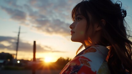 Wall Mural - Woman in kimono looking at sunset.