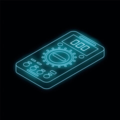 Poster - Glowing neon line digital multimeter icon isolated on black background, vector illustration