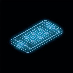 Poster - Neon blue isometric smartphone showing a mobile application interface is lying on a black background