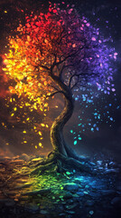 Wall Mural - glowing tree of life with vibrant, multicolored leaves radiates beauty and harmony in mystical setting. colorful foliage creates magical atmosphere, inviting wonder and reflection