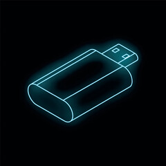Poster - Usb flash drive with neon light contour glowing on black background