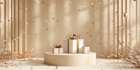 Wall Mural - Elegant beige gift boxes on a round pedestal with confetti.