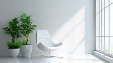 Wall Mural - Modern minimalist room with white chair, plants, and large window.